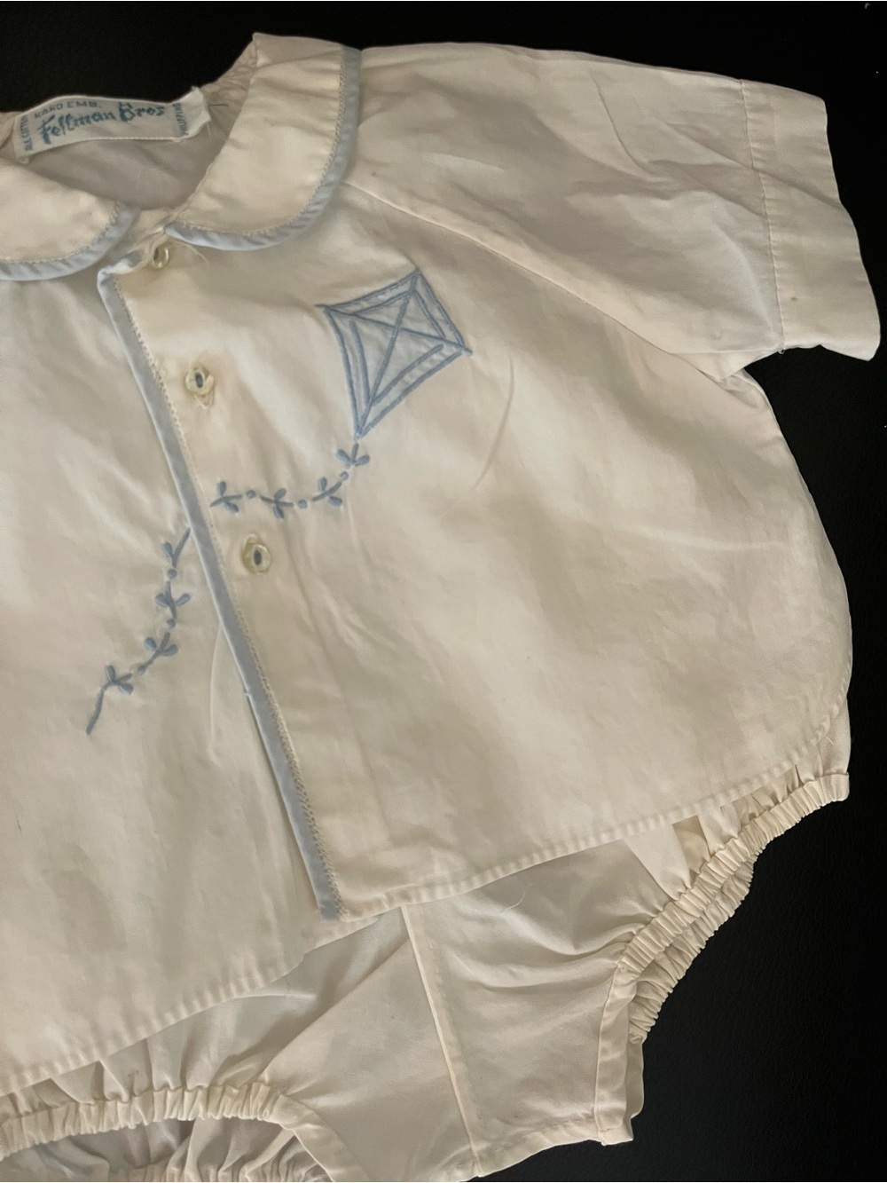 Feltman Vintage Baby Set White Top and Bloomers light blue Kite embroidery OS